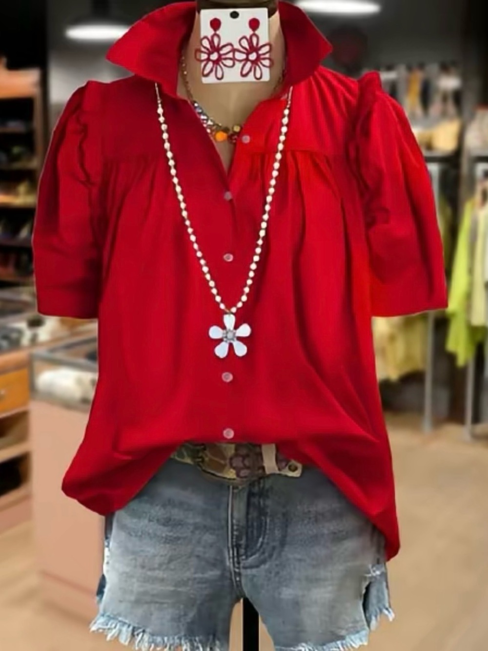 Red Puff-Sleeve Button Front Blouse